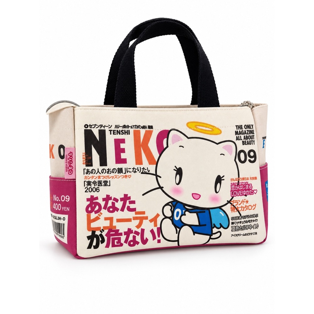 Tenshi Neko Tote Bag Womens OS Pink Cream Japanese Magazine Print Y2K Aesthetic